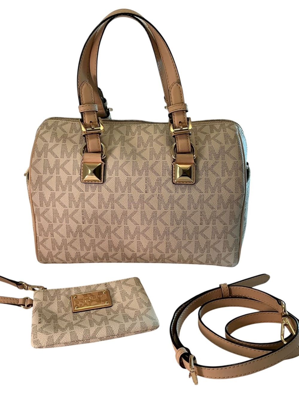 Michael Kors Grayson Medium Satchel Vanilla Monogram Duffle Bag & Small Wristlet